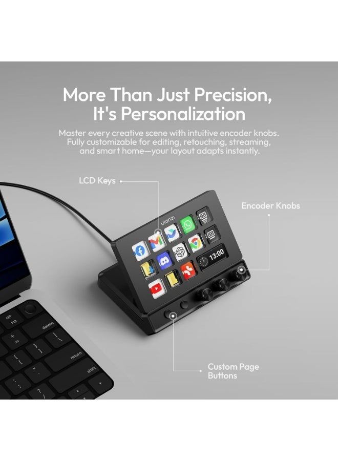 ULANZI D200X Stream Controller with 3 Knobs, 14 Customizable LCD Keys Macro Keyboard, 8-in-1 USB-C Hub Docking Station with 4K HDMI Content Creator Equipment for OBS/Video Editing/Photography/PC - Image 3