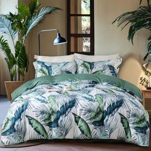 OAITE Duvet Cover King Size,Reversible Summer Leaf Green Duvet Cover Set with Zipper Closure, 3 Pieces Modern Patterns Soft Microfiber Bedding Set with 8 Ties(104’’*90’’,2 Pillow Cases) - Image 1