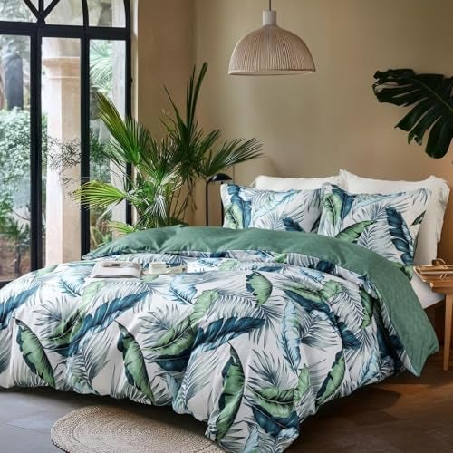 OAITE Duvet Cover King Size,Reversible Summer Leaf Green Duvet Cover Set with Zipper Closure, 3 Pieces Modern Patterns Soft Microfiber Bedding Set with 8 Ties(104’’*90’’,2 Pillow Cases) - Image 2