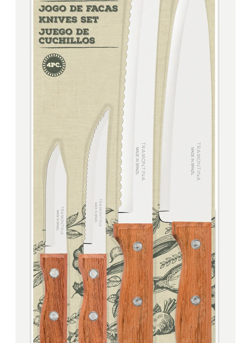 ترامونتينا Tramontina Dynamic 4 Pieces Knife Set with Stainless Steel Blade and Natural Wood Handle