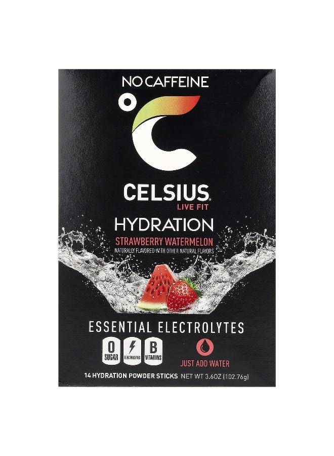 Celsius, Live Fit, Hydration, Essential Electrolytes, No Caffeine, Strawberry Watermelon, 14 Hydration Powder Sticks, 0.26 oz (7.28 g) Each (Packaging may vary) - Image 1