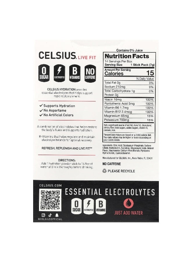 Celsius, Live Fit, Hydration, Essential Electrolytes, No Caffeine, Strawberry Watermelon, 14 Hydration Powder Sticks, 0.26 oz (7.28 g) Each (Packaging may vary) - Image 2
