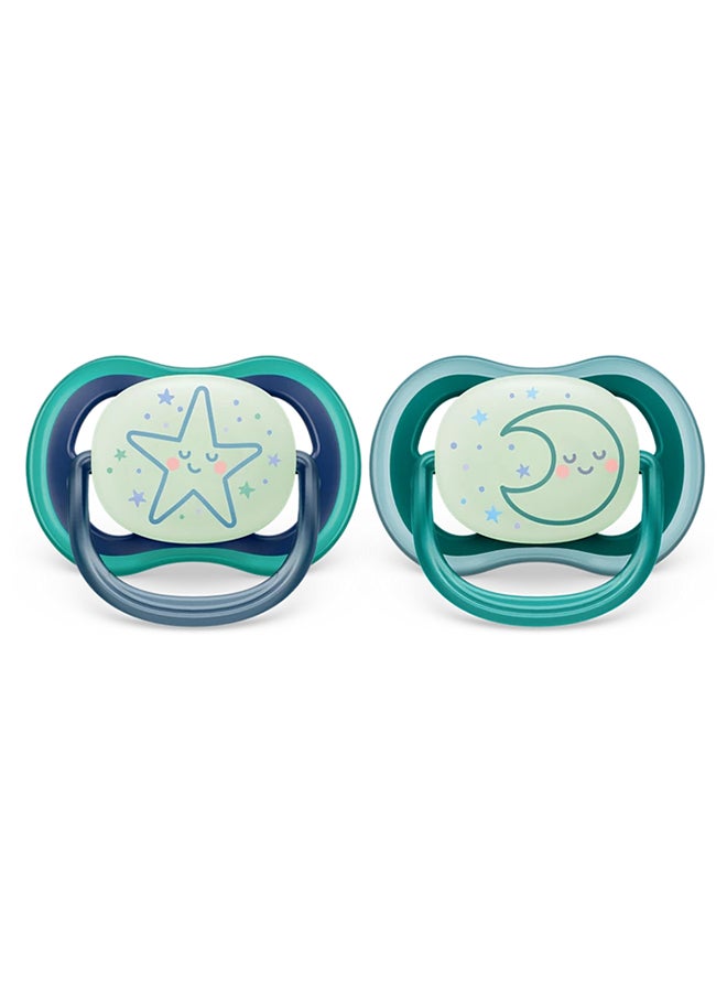Philips Avent Soother Ultra AIR NIGHTTIME 6-18M For Boys, 2 Pieces | No.1 Brand Recommended by Moms Worldwide | Glows in the dark, Light, Breathable, BPA free, Orthodontic with Sterilization Case - Image 2