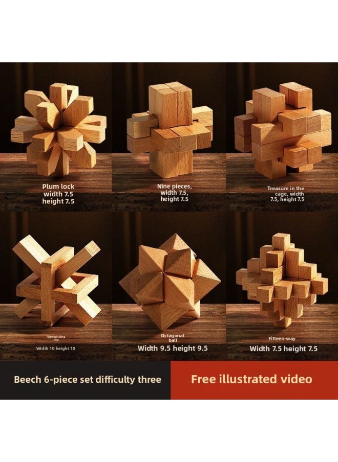 Generic - Luban Lock Kongming Lock Beech Wood Unlock Unleash Unleash Children's Educational Assembled Building Blocks Toys For Boys And Elementary School Students Cheap-Color:High-end Beech 6-piece Set C (primary School Grade 4-6) - Image 1