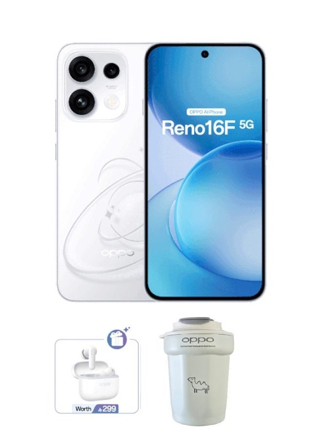 OPPO Reno16F 5G Dual SIM Pop White 8GB RAM 256GB with FREE Enco Buds 3 Pro, Mug – Middle East Version - Image 1