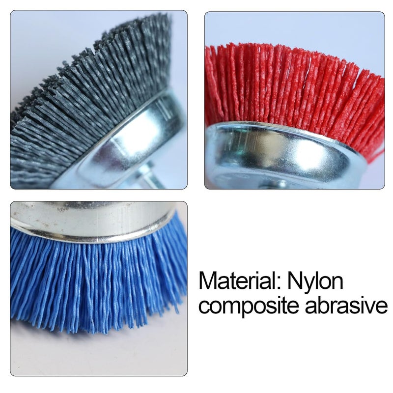 FPPO 8Pcs 3 Inch Assorted Cup Brushes Abrasive Wire Nylon Cup Brush for Drill,Grit 80 120 320 with 1/4" Shank (8) - Image 4