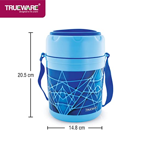 TRUEWARE Trendy 3 Lunch Box with 3 Stainless Steel Container,300ml X3 Blue | PU Insulated | Lunch Box | Tiffin | Hot lunch box | Leak Proof | Easy to Carry | Hot & Cold Food Grade | BPA Free | Stainless Steel Dabbi | Office | Outdoors | For Men, Women, and Kids - Image 2