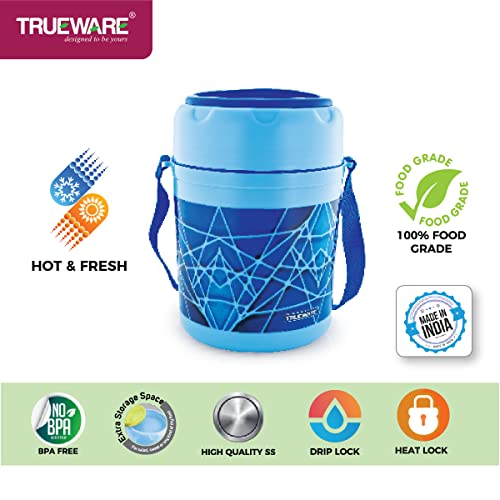 TRUEWARE Trendy 3 Lunch Box with 3 Stainless Steel Container,300ml X3 Blue | PU Insulated | Lunch Box | Tiffin | Hot lunch box | Leak Proof | Easy to Carry | Hot & Cold Food Grade | BPA Free | Stainless Steel Dabbi | Office | Outdoors | For Men, Women, and Kids - Image 3