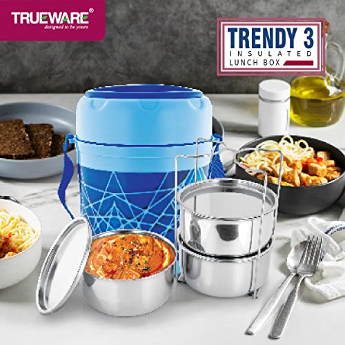 TRUEWARE Trendy 3 Lunch Box with 3 Stainless Steel Container,300ml X3 Blue | PU Insulated | Lunch Box | Tiffin | Hot lunch box | Leak Proof | Easy to Carry | Hot & Cold Food Grade | BPA Free | Stainless Steel Dabbi | Office | Outdoors | For Men, Women, and Kids - Image 4
