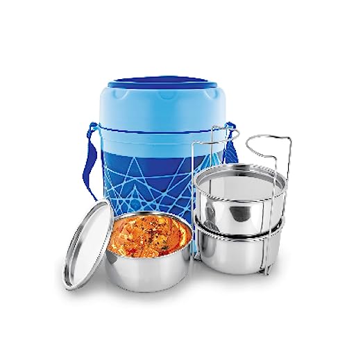 TRUEWARE Trendy 3 Lunch Box with 3 Stainless Steel Container,300ml X3 Blue | PU Insulated | Lunch Box | Tiffin | Hot lunch box | Leak Proof | Easy to Carry | Hot & Cold Food Grade | BPA Free | Stainless Steel Dabbi | Office | Outdoors | For Men, Women, and Kids - Image 1