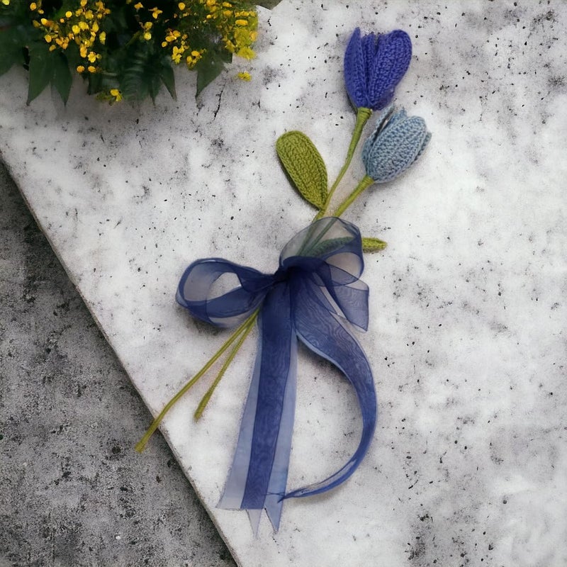 Happy Threads| Handmade Crochet Blue Open Tulips,Eco-Friendly & Elegant Flower Bouquets for Fathers Day & Other Occasions,Best Decorative & Gifting Items for Home and Office - Image 3