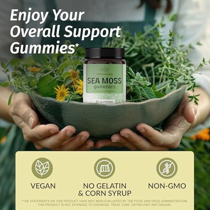 HERBAMAMA Sea Moss Gummies - 1600 mg True Sea Moss Gummies for Thyroid Support – Immune Support Supplement with Bladderwrack and Burdock Root - Vegan, Non-GMO - 90 Count (45 Servings) - Image 2
