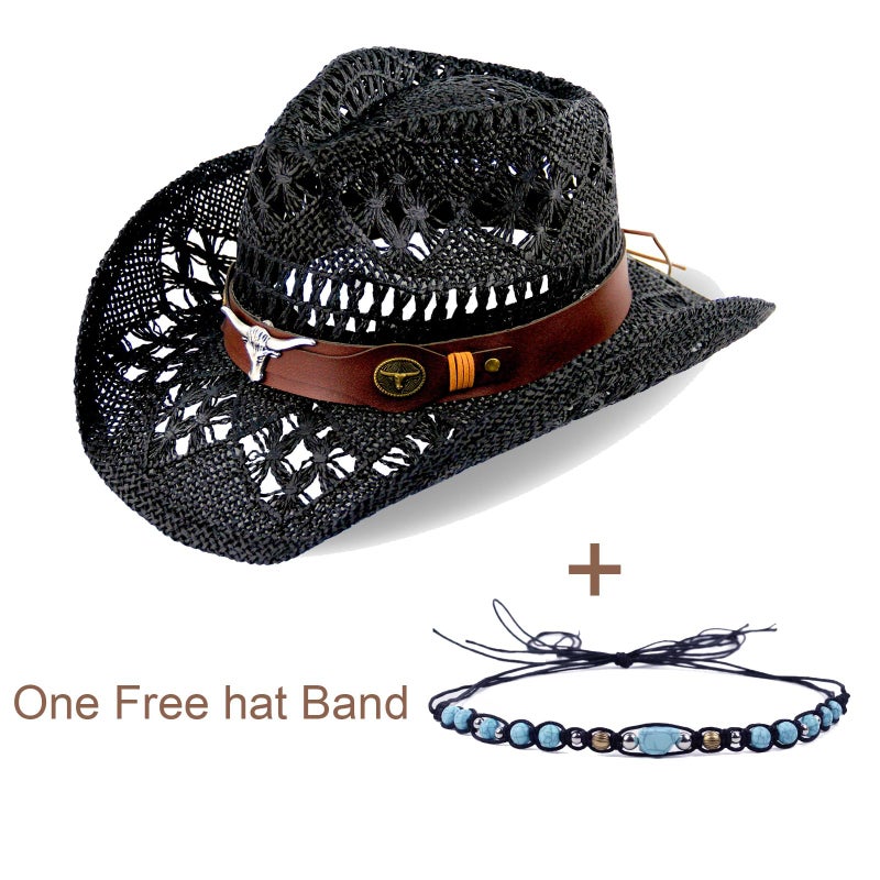 Foeran Men's Women's Straw Cowboy Hat Cowgirl Woven Sun Hat Western Cowboy Hat Two Decorative Bands - Image 4