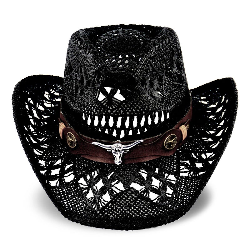 Foeran Men's Women's Straw Cowboy Hat Cowgirl Woven Sun Hat Western Cowboy Hat Two Decorative Bands - Image 2