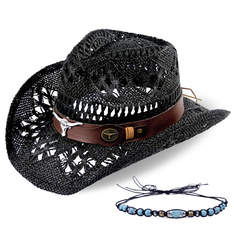 Foeran Men's Women's Straw Cowboy Hat Cowgirl Woven Sun Hat Western Cowboy Hat Two Decorative Bands - Image 1