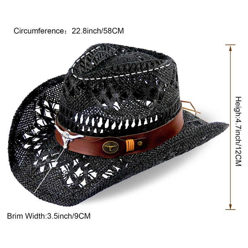 Foeran Men's Women's Straw Cowboy Hat Cowgirl Woven Sun Hat Western Cowboy Hat Two Decorative Bands - Image 5