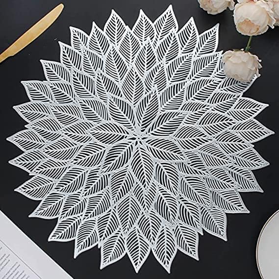 vaughn VAUGHN Table mat Round Shape Table mat Round Cutwork Design mat Dining Table mats Dressing Table MATS Bed Side Table mats Flower_Silver Pack of 2 - Image 2