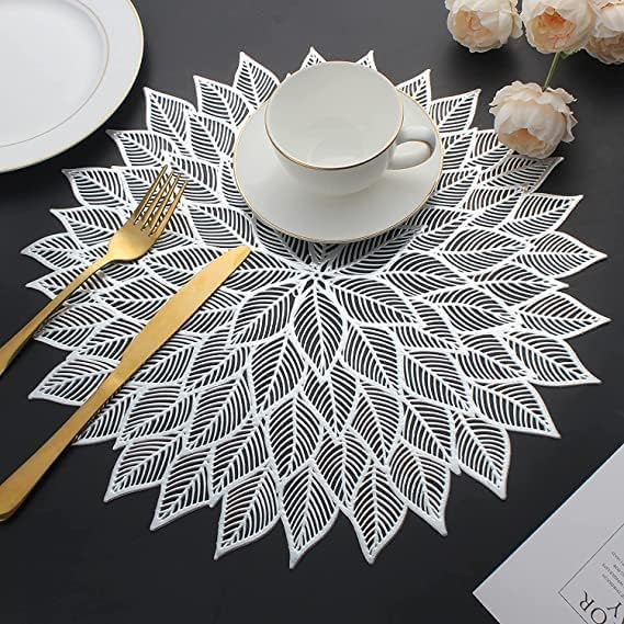 vaughn VAUGHN Table mat Round Shape Table mat Round Cutwork Design mat Dining Table mats Dressing Table MATS Bed Side Table mats Flower_Silver Pack of 2 - Image 1