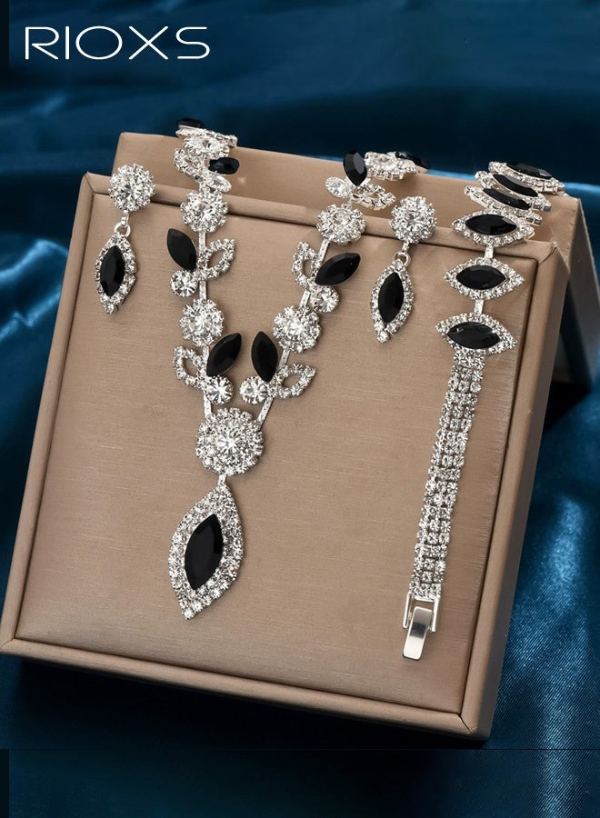 RIOXS 3 Pcs Rhinestone Prom Jewelry Set for Women, Silver and Black Glitter Flower Cluster Necklace, Bracelet and Cubic Zirconia Drop Earrings, Sparkly Elegant Formal Costume Jewelry Set for Bride, Bridesmaid, Mom, Girlfriend, Sister and Your Loved - Image 2