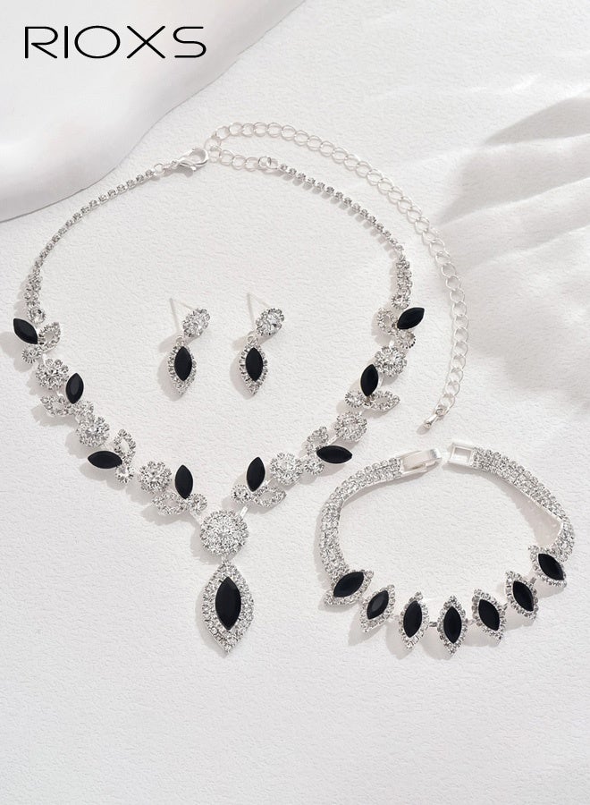 RIOXS 3 Pcs Rhinestone Prom Jewelry Set for Women, Silver and Black Glitter Flower Cluster Necklace, Bracelet and Cubic Zirconia Drop Earrings, Sparkly Elegant Formal Costume Jewelry Set for Bride, Bridesmaid, Mom, Girlfriend, Sister and Your Loved - Image 5