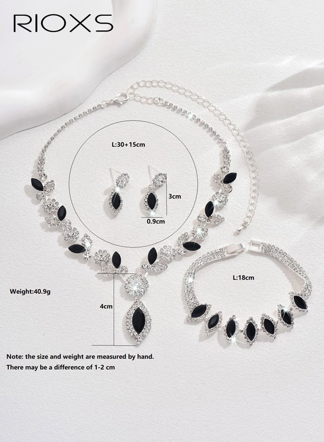 RIOXS 3 Pcs Rhinestone Prom Jewelry Set for Women, Silver and Black Glitter Flower Cluster Necklace, Bracelet and Cubic Zirconia Drop Earrings, Sparkly Elegant Formal Costume Jewelry Set for Bride, Bridesmaid, Mom, Girlfriend, Sister and Your Loved - Image 3
