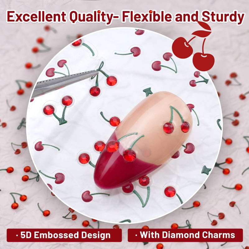 Pretty Diva Nail Art Stickers Crystal Cherry Art Nail Sticker Decals, 5D Cherries Nails Rhinestones Charms Fruit Self-Adhesive DIY Design French Tip Nail Decals - Image 4