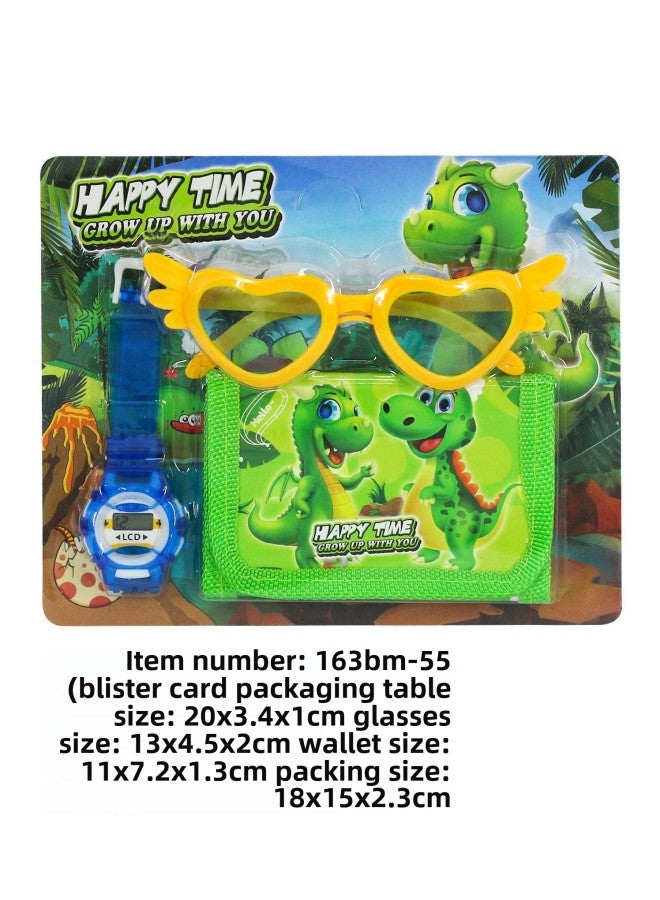 Three-oriole Children's Watch Wallet Glasses Melody Cartoon Electronic Watch Coin Purse Kindergarten Student Gift-Color:Dinosaur (watch + Glasses + Wallet)  - Image 1
