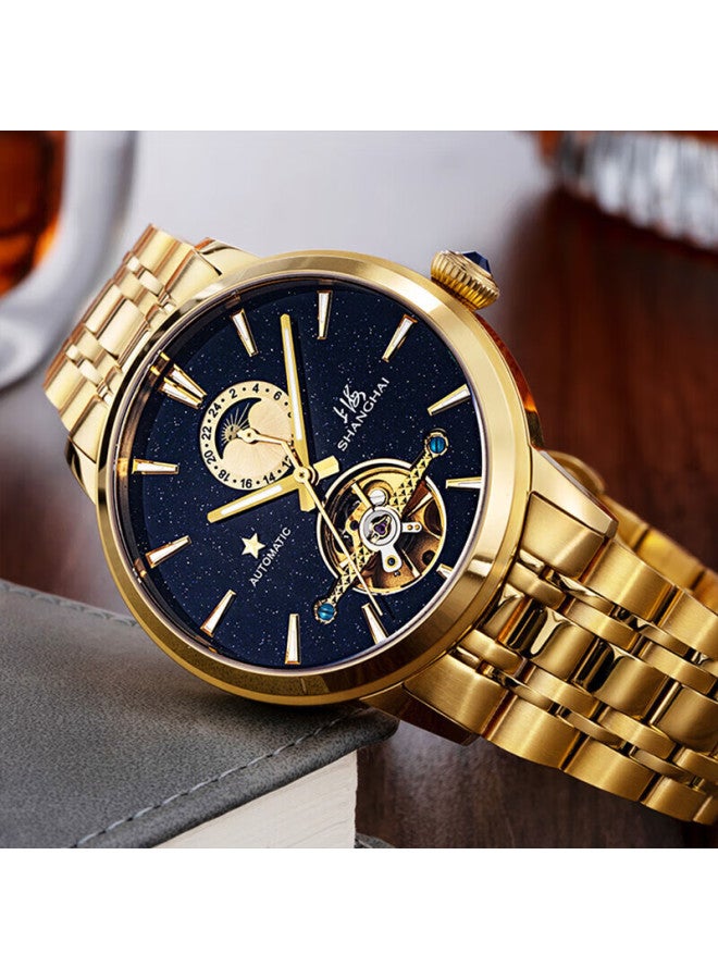Shanghai Men's Watch, Automatic Mechanical Watch For Men, National Series, Sun Moon Star Skeleton Dial With Gold Plate And Steel Strap 22re - Image 1