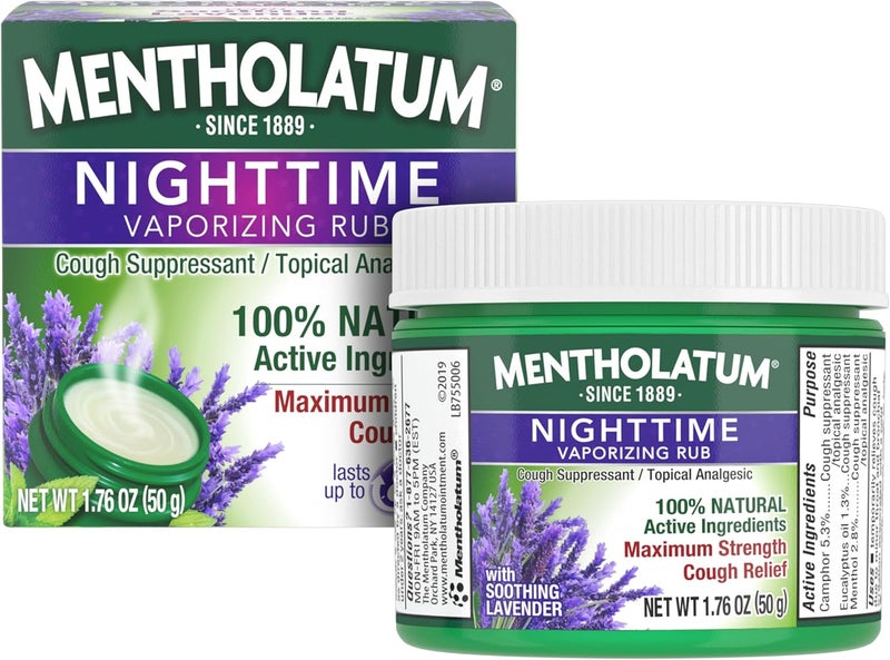 Mentholatum Nighttime Vaporizing Rub, Lavender Scent, Maximum Strength Cough Suppressant, Topical Chest Rub & Analgesic Ointment, Soothing Vapors Relieve Aches & Pains Due to Cold & Cough, 1.76 oz