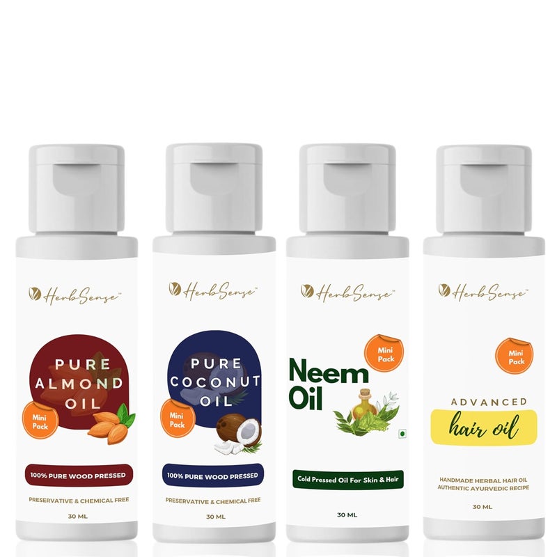 Herbsense Mini Oils Combo Pack Wood Cold Pressed Oils For Skin Hair Contains Pure Almond Oil Coconut Oil Hair Oil Neem Oil Mini Oil Shots Pack of 4 Each 50ml 50ml x 4 - Image 1