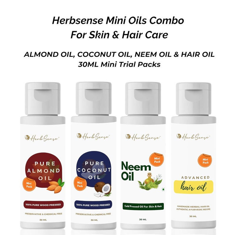 Herbsense Mini Oils Combo Pack Wood Cold Pressed Oils For Skin Hair Contains Pure Almond Oil Coconut Oil Hair Oil Neem Oil Mini Oil Shots Pack of 4 Each 50ml 50ml x 4 - Image 2
