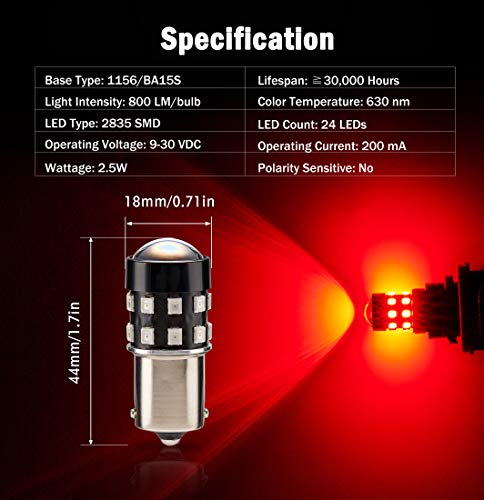 BRISHINE 4Pack Super Bright 1156 1073 1141 7506 BA15S LED Bulbs Brilliant Red 930V NonPolarity 24SMD LED Chipsets with Projector for Brake Tail Lights Turn Signal Lights - Image 3