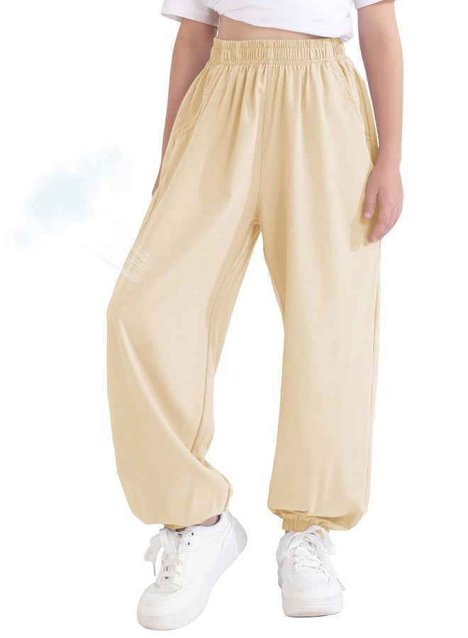 QBK 3T-14Years Girls Summer Lightweight Baggy Joggers with Pockets,Wide Leg Sweatpants Cinched Bottom Hip Hop Dance Pants, Light Yellow, 5-6 Years - Image 1