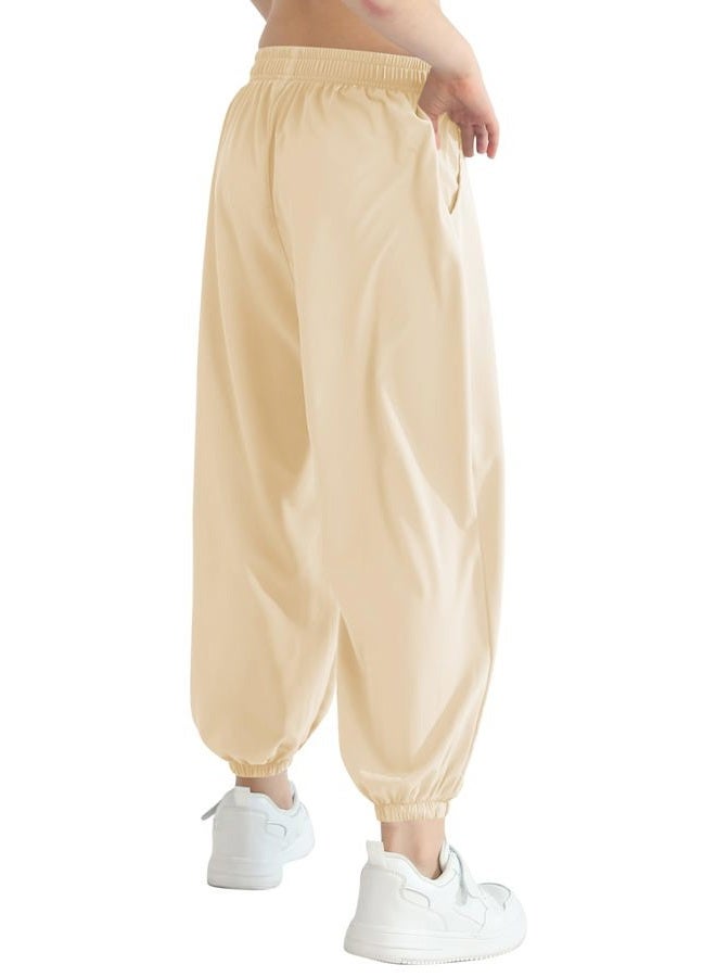 QBK 3T-14Years Girls Summer Lightweight Baggy Joggers with Pockets,Wide Leg Sweatpants Cinched Bottom Hip Hop Dance Pants, Light Yellow, 5-6 Years - Image 2