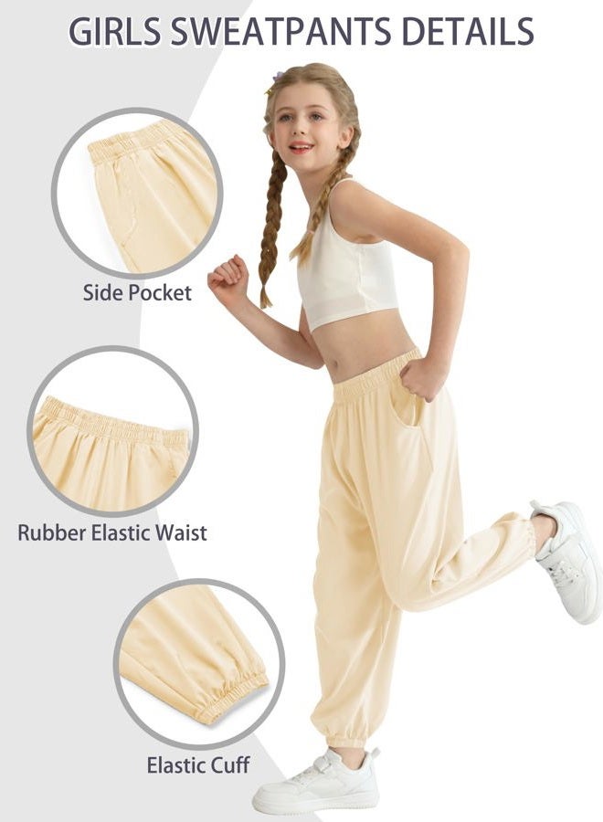 QBK 3T-14Years Girls Summer Lightweight Baggy Joggers with Pockets,Wide Leg Sweatpants Cinched Bottom Hip Hop Dance Pants, Light Yellow, 5-6 Years - Image 3