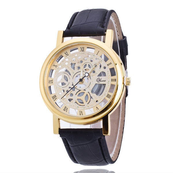 Factory in stock wholesale casual Korean non-mechanical watch mens quartz watch double-sided perspective hollow watch mens Gold Disc Black Strap 