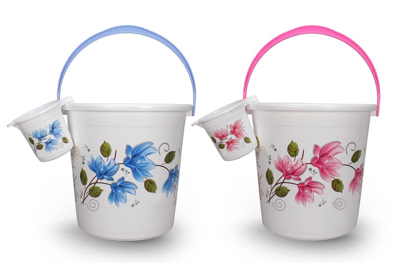 Halsey Plastic 2 Pieces Bathroom Set (Bucket 22 litres and Mug 1 litres) (Blue & Pink) - Image 1
