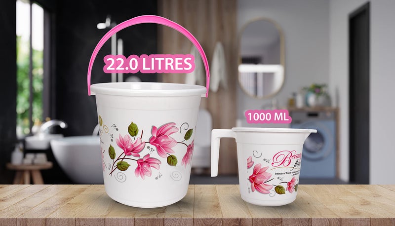 Halsey Plastic 2 Pieces Bathroom Set (Bucket 22 litres and Mug 1 litres) (Blue & Pink) - Image 5