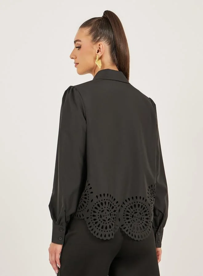 Styli Schiffli Hem Regular Fit Spread Collar Shirt