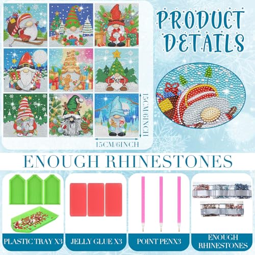 TecUnite 9 Pcs Christmas Diamond Painting Art Gnome Diamond Painting Kit for Beginners DIY Rhinestone Gem Crafts for Home Wall Decor 6 x 6 Inch Classical - Image 3