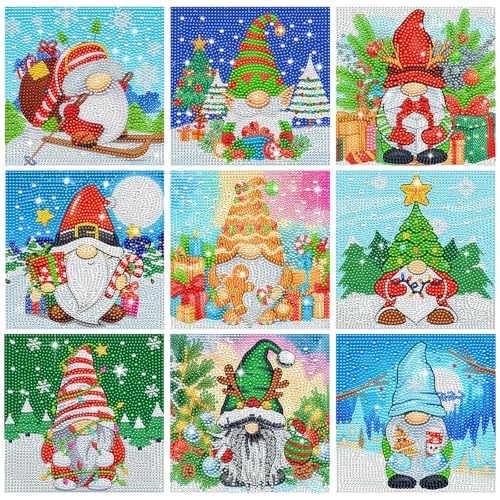 TecUnite 9 Pcs Christmas Diamond Painting Art Gnome Diamond Painting Kit for Beginners DIY Rhinestone Gem Crafts for Home Wall Decor 6 x 6 Inch Classical - Image 1