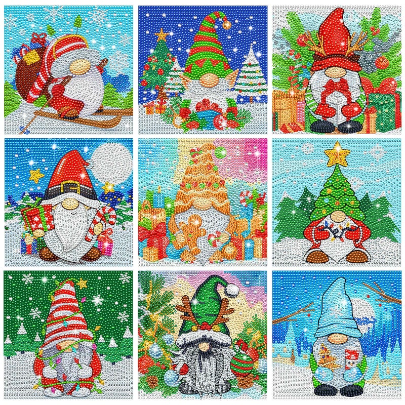 TecUnite 9 Pcs Christmas Diamond Painting Art Gnome Diamond Painting Kit for Beginners DIY Rhinestone Gem Crafts for Home Wall Decor 6 x 6 Inch Classical - Image 2
