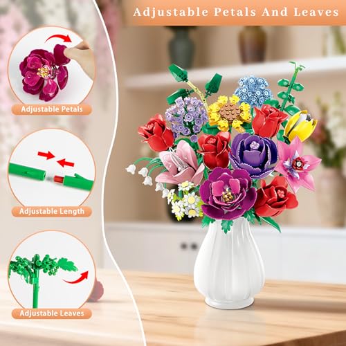 Loyratche Flower Bouquet Building Set Compatible with Lego for Adults 16 Rose Building Block Artificial Flowers Botanical Collection Kit Home Decor Gift for Her 907 PCS - Image 5