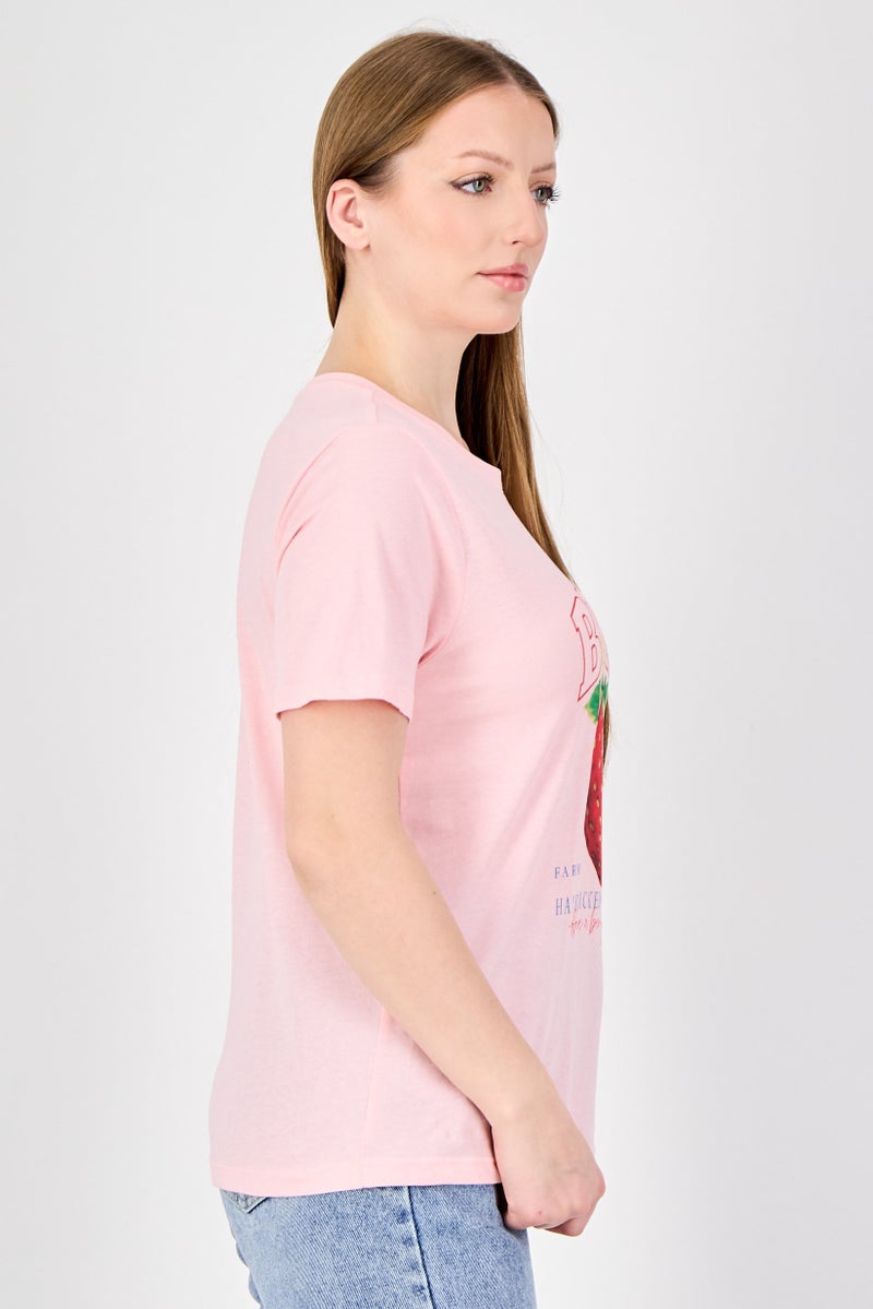 ONLY Women Crew Neck Short Sleeve Graphic Print T-Shirt, Pink - Image 4