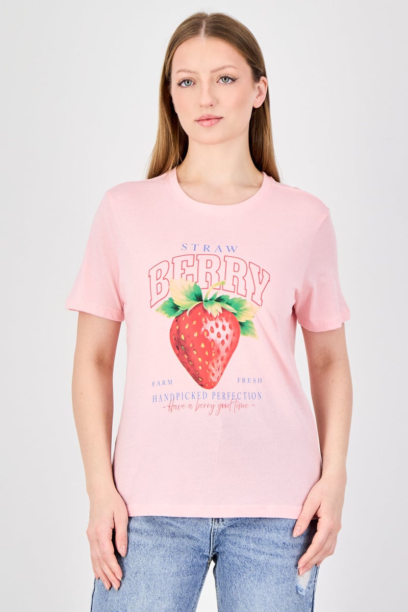 ONLY Women Crew Neck Short Sleeve Graphic Print T-Shirt, Pink - Image 1