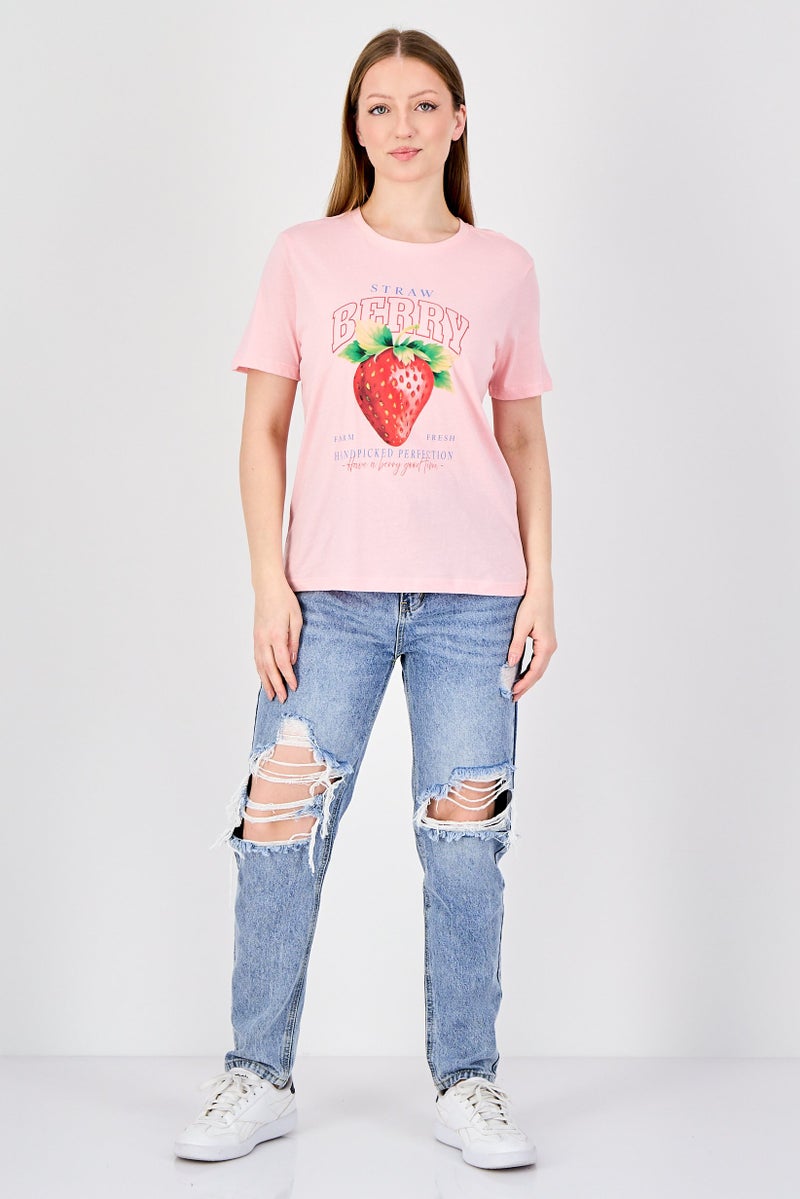 ONLY Women Crew Neck Short Sleeve Graphic Print T-Shirt, Pink - Image 3
