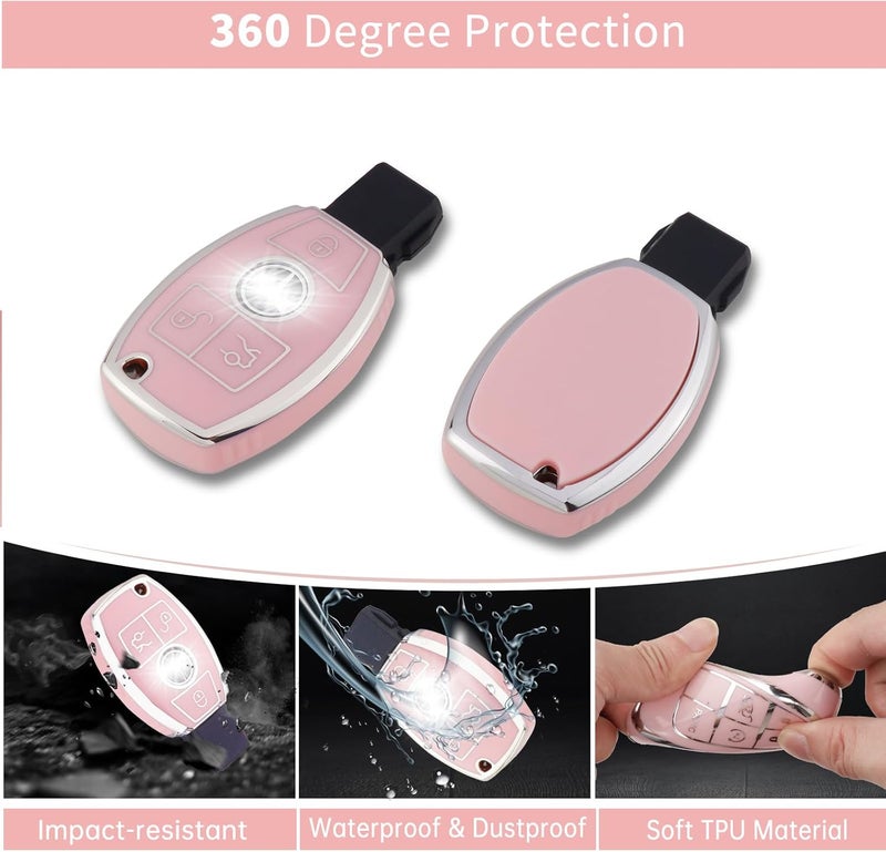 PANGPAI Pink Key Fob Cover for Mercedes Benz, Soft TPU Key Case Protection with Bling Keychain Fit for C E S M CLS CLK G Class - Image 3