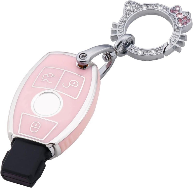 PANGPAI Pink Key Fob Cover for Mercedes Benz, Soft TPU Key Case Protection with Bling Keychain Fit for C E S M CLS CLK G Class - Image 1