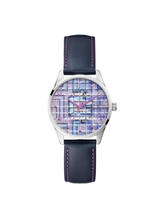 GUESS Iridescent Logo Dial & Leather Strap Watch - Image 1