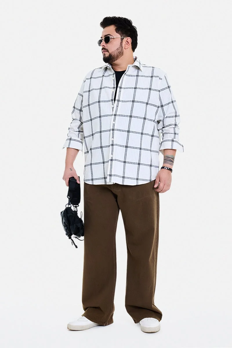 سنيتش Off White Checkered Long Sleeve Regular Fit Casual Plus Size Shirt